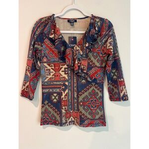 Chaps Multi Color Aztec Geometric Print Ruffle V Neck Top  Size M NWT Runs Small